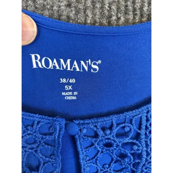 Roaman's Womens Tunic Blouse Size 5X Blue Crotchet Asymmetric Hem Bohemian - Picture 6 of 9